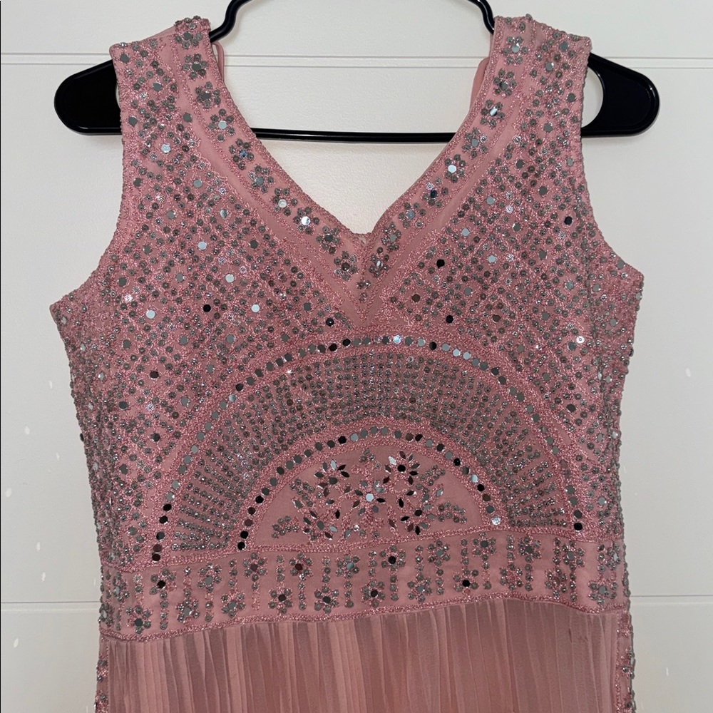 Beaded Pink V-Neck Evening Gown
